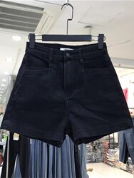 Summer Black High-Waisted Denim Shorts for Women, Plus Size, Pear-Shaped Body, Stretchy, Hip-Covering, Slimming A-Line Shorts, Hot Pants