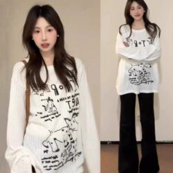 Korean Style Lazy Loose Graffiti Blouse T-Shirt for Women, Loose Fit, 2026 Spring and Summer Thin Sun-Protective Long-Sleeve White Top