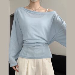 2026 New Korean Style Blue Long-Sleeved T-Shirt for Women, Spring Thin Sun-Protective Blouse with a High-End Feel and Waist-Cinching Design