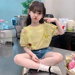 Girls' Summer T-Shirt 2025 New Style Children's Stylish Lace Korean Style Girls' Summer Short-Sleeved Top Loose Clothing
