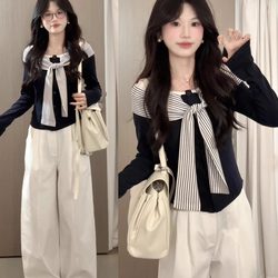 Korean Style Outfit with a Fake Two-Piece Striped Shawl Long-Sleeve T-Shirt for Women, Autumn Design, Very Stylish, Regular Shoulder Base Shirt