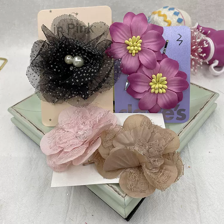 A144韩国发夹玫瑰花闪闪非洲菊边夹一字布艺花朵雪纺花朵对夹发饰 