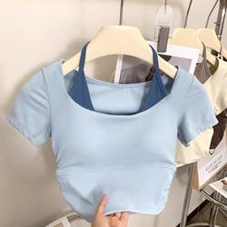 Lu Same Style Yoga Short-Sleeved Top, Fake Two-Piece, Contrasting Color, Waist-Revealing Sports Vest with Chest Pad, Running Sports T-Shirt