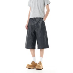 
Summer American retro PU casual three-quarter leather pants for men and women, loose design straight pants, wide-leg pants, versatile trendy brand