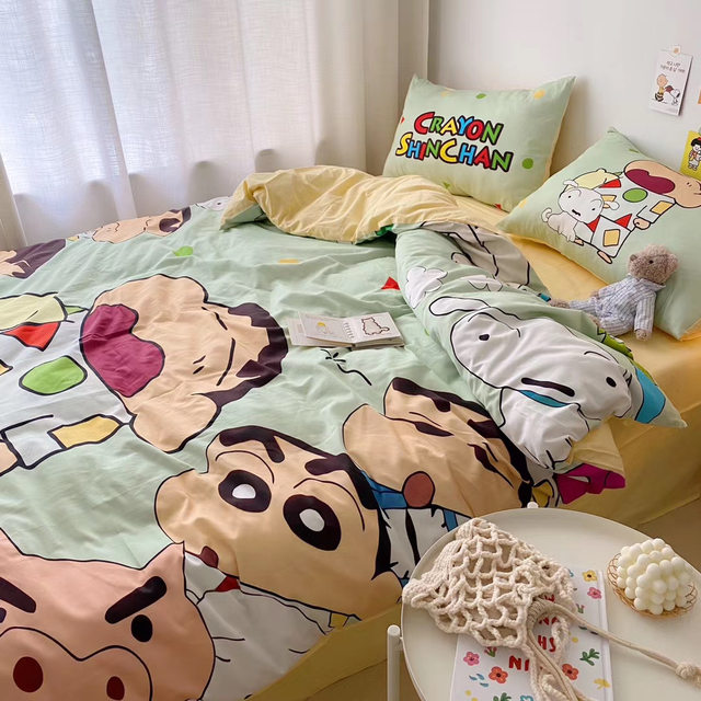 Crayon Shin-chan cotton bed sheet quilt set four-piece Japanese anime cartoon single three-piece set 1.8m fitted sheet bedding
