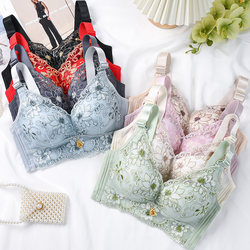 [Same Style as Douyin, Get Two Pieces for Your Fans] Plaid Women's Push-Up Small Breast Adjustable Embroidered Breathable Bra