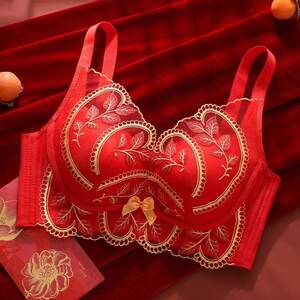 
Autumn and winter suit for the year of the horse, the year of the animal, big red bra, wedding bridal underwear, small breasts, gathered, no steel ring embroidery