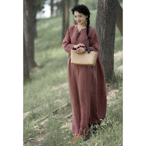 YIMIAN Clear linen Chinese literary high waist exquisite lazy style Zen long dress 26055