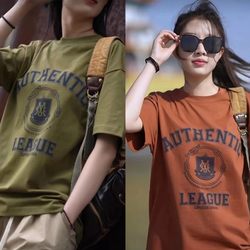 American Retro Trendyy Men's Ami Khaki Motorcycle Style Round Neck T-Shirt for Men and Women, Pure Cotton Letters, Versatile Short Sleeves