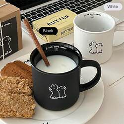 Korean-Style Ins High-End Matte Ceramic Mug with a Puppy Design, Breakfast Coffee Cup, Black and White Couple's Cup Gift Set