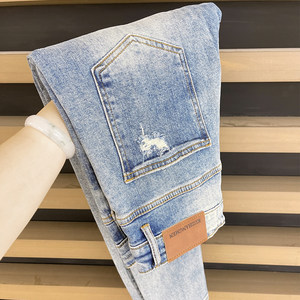 Trendy/9-point jeans/Stretch Korean slim-fitting pants/scratched/washed and used/cat whisker casual pants