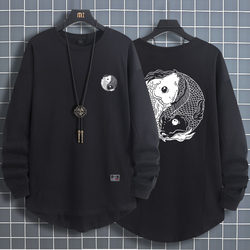 Chinese Style Tai Chi Fish Long-Sleeve T-Shirt for Men, Spring Eight Trigrams Yin-Yang National Trend Top, Loose Drop-Shoulder Pure Cotton Base Shirt