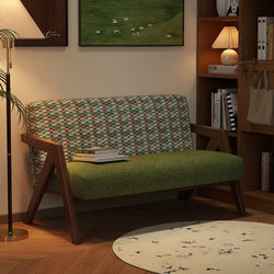 Retro Solid Wood Double Sofa, Mid-Century Style, Small Fabric Sofa for Small Apartments, Living Rooms, Hotels, and Guesthouses