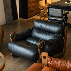 Single Sofa Chair, Jersey Island Chair, Living Room Mid-Century Style Leather Sofa Chair, Leisure Lazy Chair, Solid Wood Retro Lounge Chair