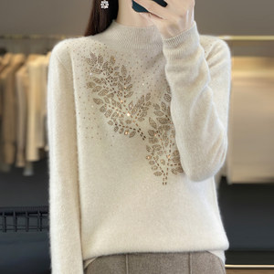 100%pure woolen sweater women's first -line clothing half -high neck loose diamonds, semi -diamond design sensor knit sweater bottoming shirt
