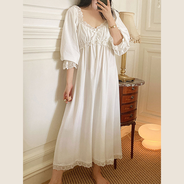 Korean nightdress female spring and autumn long-sleeved cotton lace ...