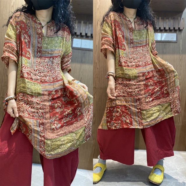 
Ramie set printed ethnic short-sleeved dress for women 2025 summer new style breathable loose V-neck two-piece set