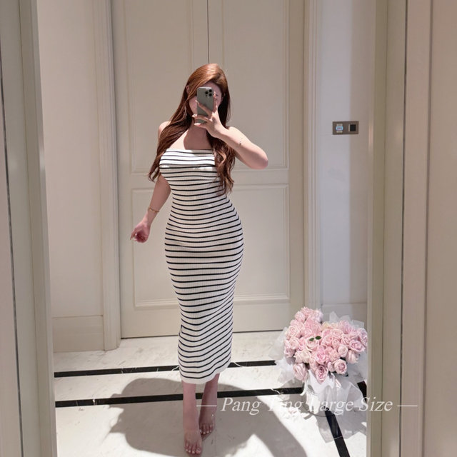 Pang Ting's large size customized fat mm net-sensory girlfriend spring and summer black and white striped waist-hugging strapless dress for women

