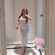 Pang Ting's large size customized fat mm net-sensory girlfriend spring and summer black and white striped waist-hugging strapless dress for women
