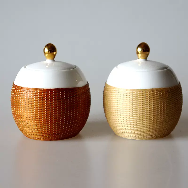 四川非遗手工瓷胎竹编茶叶罐密封罐商务送礼竹丝扣