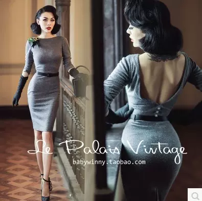 le palais vintage 孤品优雅复古性感圆领大露背针织包臀连衣裙-Taobao