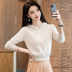 2026 Spring New Women's Long Sleeve Thin Knit Sweater with Hood Pullover Sweater for Petite Women Short Hooded Sweatshirt