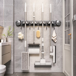 Mop Wall-Mounted Clip Bathroom Storage Rack Toilet Washroom No-Drill Suction Cup Wall Organizer Magic Tool