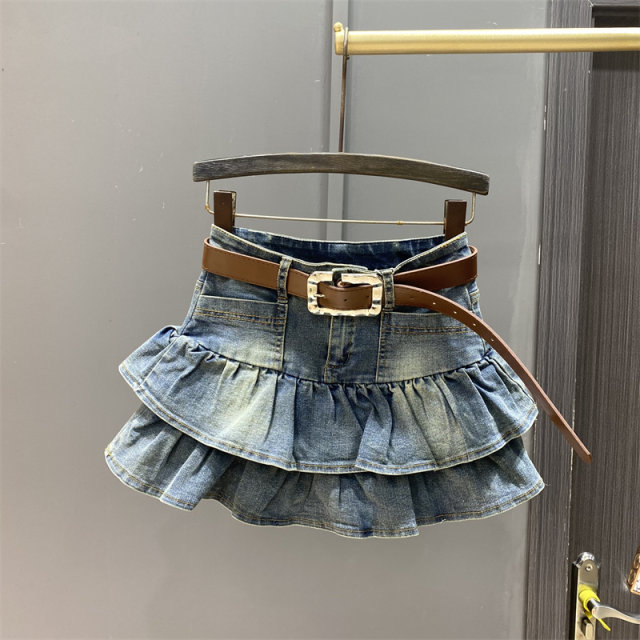 Retro hot girl high -waist A -line thin denim skirt women's summer cake skirt puffed skirt ruffled skirt