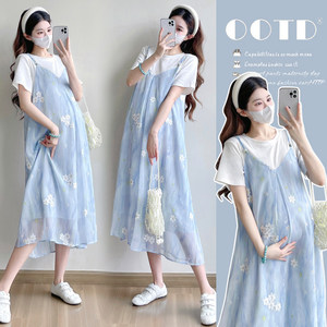 
Maternity wear, summer dress, spliced chiffon embroidered short-sleeved dress, fashionable fake two-piece casual skirt, summer maternity dress