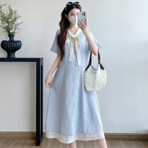 
Maternity summer fake two-piece short-sleeved striped dress 2026 new maternity skirt summer loose casual skirt