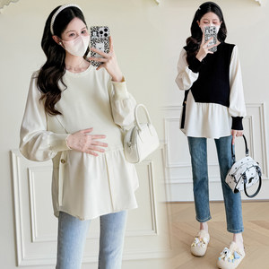 
Maternity wear spring fashion fake two-piece color matching long-sleeved top 2026 new maternity baby doll shirt spring shirt spring