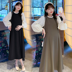 
Maternity wear, spring color matching long-sleeved dress, loose large size casual pregnancy skirt, spring age-reducing maternity skirt, spring