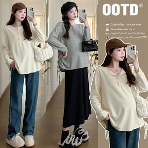 Maternity clothing spring fashion design sense drawstring long-sleeved tops for spring simple versatile T-shirt spring autumn base shirt spring
