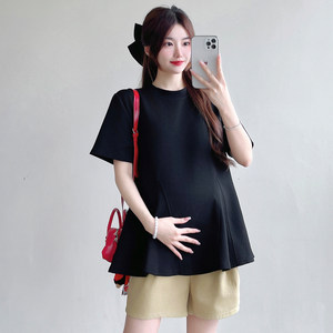 Maternity wear, summer wear, design hem, short-sleeved top, loose large size casual babydoll shirt, simple summer clothes