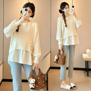 
Maternity wear spring fake two-piece spliced long-sleeved top 2026 new maternity shirt spring design clothes spring