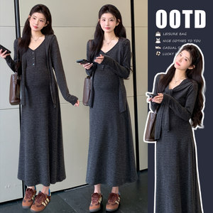 
Maternity wear spring shawl long-sleeved striped dress 2026 new maternity skirt spring casual slim skirt spring