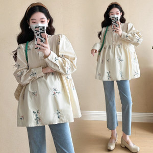 Maternity clothing spring vintage embroidered long-sleeved shirt loose large size casual doll shirt spring top pregnancy shirt
