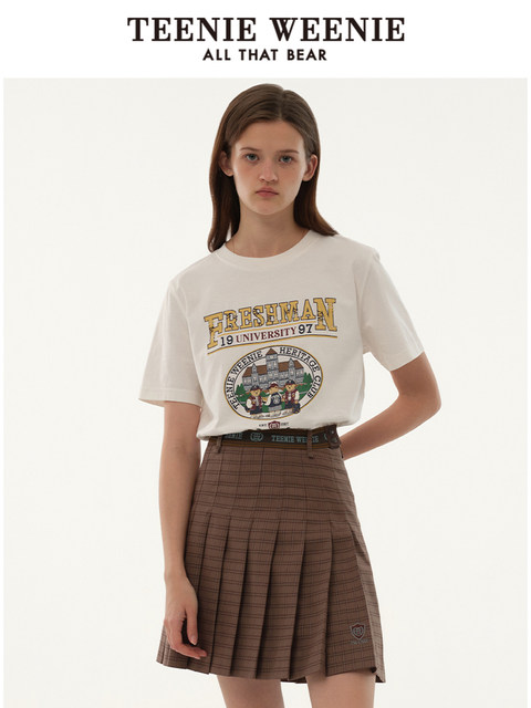 TeenieWeenie Bear Women's Casual Plaid Pleated Short Skirt A-line High Waist Fashion College Commuter Skirt