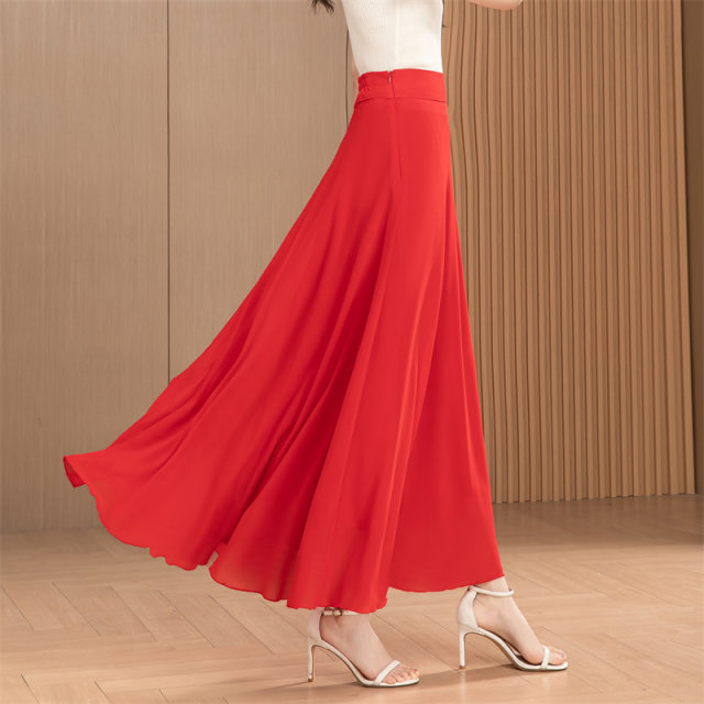 Summer long skirt, big swaying A-line skirt, zipper temperament, beach vacation, chiffon skirt, flowing and versatile dance skirt