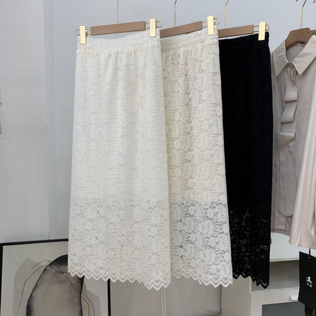 Lace hollow hook flower skirt for women's spring new high-waisted slim straight mid-length skirt C#7
