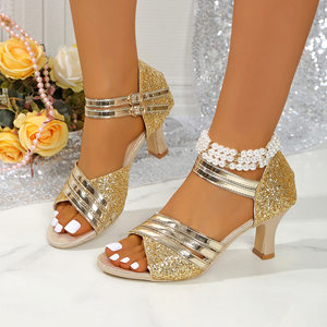 
2025 summer new style European and American style thick heel fish mouth one-word buckle fashion sandals for women with rhinestone glossy high heels in stock