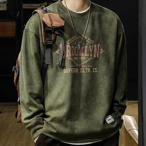 
American retro suede sweatshirt men's spring and autumn loose trendy brand round neck long sleeve men's top coat T-shirt