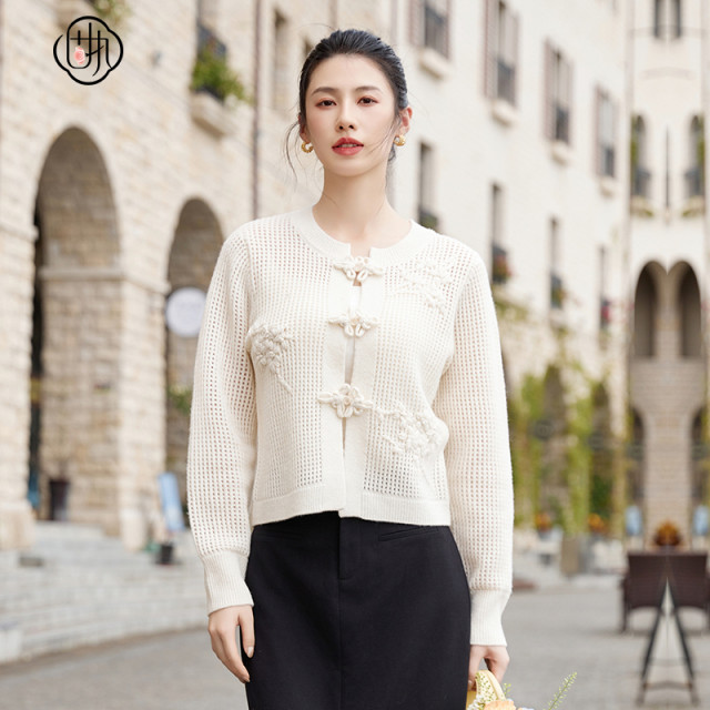 Stubborn 2025 autumn new Chinese style buckle round neck jacquard hollow long sleeve knit sweater cardigan jacket for women