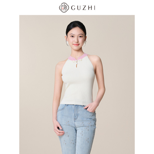 Stubborn 2025 spring new Chinese style halter neck stand collar sleeveless vest short solid color knitted sweater women's top