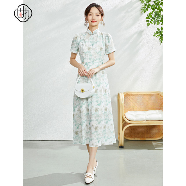 
Stubborn summer new Chinese stand-up collar puff sleeve printed short-sleeved dress 42632LQ08178