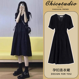 
Maternity dress 2023 summer new short-sleeved thin style slimming belly-covering French black small mid-length skirt for women
