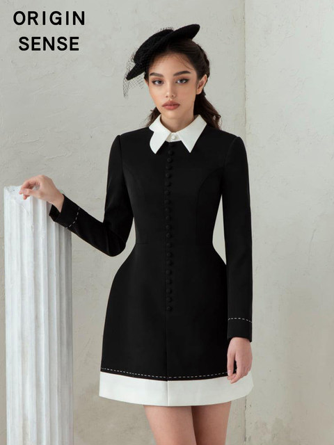 French Hepburn style black square neck new design puffy short dress C7016