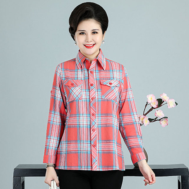Long-sleeved shirt middle-aged and elderly women pure cotton plaid loose large size mother dress top lapel casual shirt spring autumn