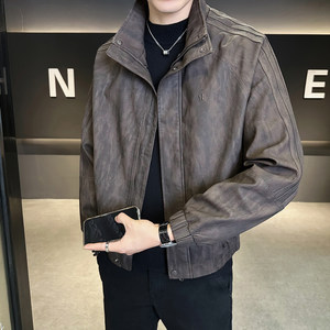 
American leather jacket men's jacket spring and autumn 2025 new style handsome fashion brand stand collar men's top retro leather jacket