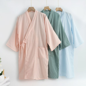 
Summer pure cotton double layer gauze nightgown women's Japanese kimono yukata mid-length nightgown cardigan lace-up bathing B&B